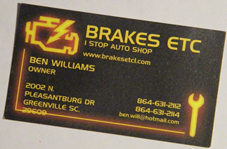buisness card from Brakes Etc.