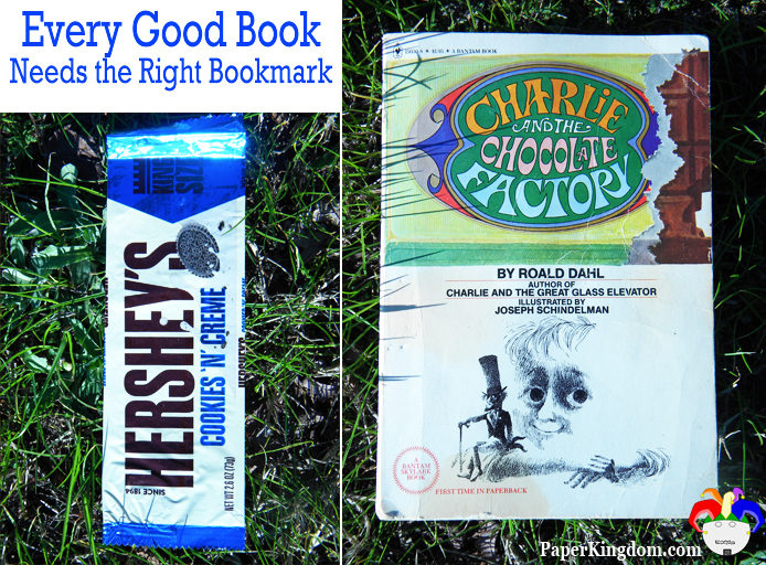 Charlie and the Chocolate Factory by Roald Dahl marked with Hershey's Cookies 'n' Cream candybar wrapper 