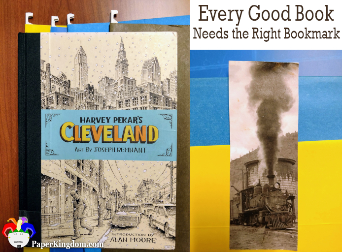 Harvey Pekar's Cleveland by Harvey Pekar and Joseph Remnant marked with a bookmark featuring an old photograph of a steam train