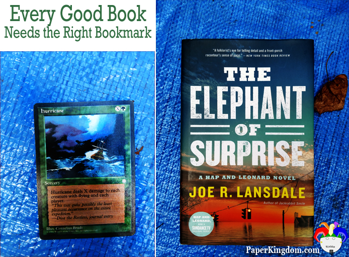 The Elephant of Surprise by Joe R. Lansdale marked with Magic: the Gathering card Hurricane