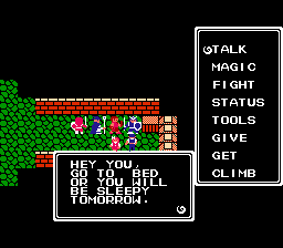 play screen for Ultima: Exodus on the Nintendo Entertainment System, an NPC tell the party to go to bed
